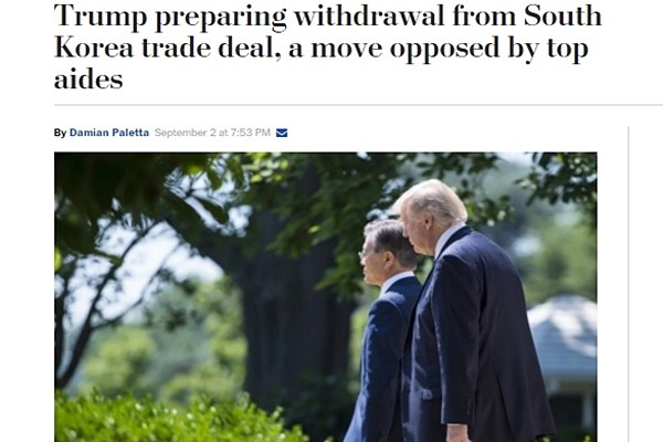 ▲ 도널드 트럼프 미국 대통령이 한·미 자유무역협정(FTA) 폐기를 준비할 것을 참모들에게 지시한 것으로 알려져 눈길을 끈다. 사진은 관련 美'워싱턴포스트(WP)' 보도 일부.ⓒ美'워싱턴포스트(WP)' 홈페이지 캡쳐