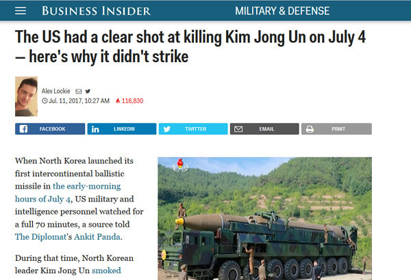 ▲ 지난 7월 11일(현지시간) 美비즈니스 인사이더의 기사. 북한이 7월 4일 '화성-14형' 탄도미사일을 발사할 때 미군과 美정보기관이 지켜보고 있었다는 내용이다. ⓒ美비즈니스 인사이더 관련보도 화면캡쳐.