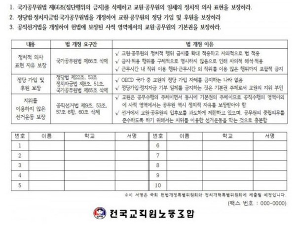 ▲ 전교조가 1일부터 배포한 서명서. ⓒ 전교조