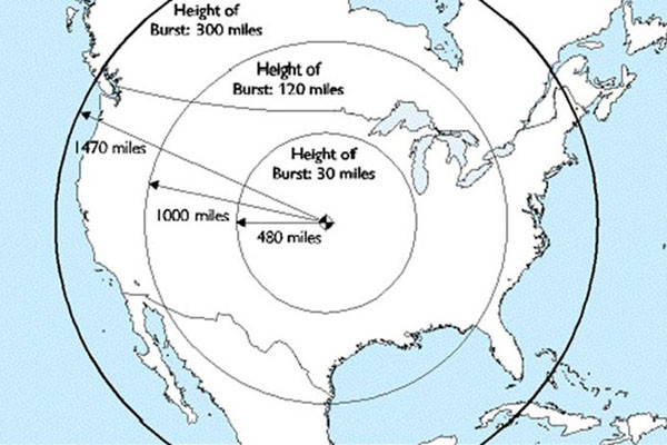 ▲ 美본토 상공에서 핵폭탄이 폭발, EMP가 발생했을 때의 영향권. ⓒ美하원 국가안보위원회 1997년 보고서 캡쳐.