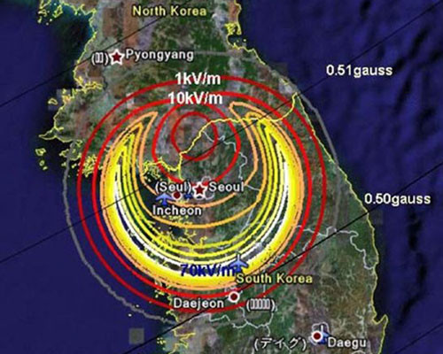 ▲ 수도권 상공에서 핵폭탄이 폭발했을 때 EMP 영향권. ⓒ日언론보도 관련화면 캡쳐.