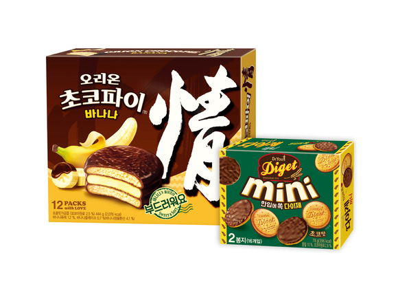 ▲ 오리온 '초코파이 바나나', '닥터유 다이제 미니' 제품 이미지. ⓒ오리온
