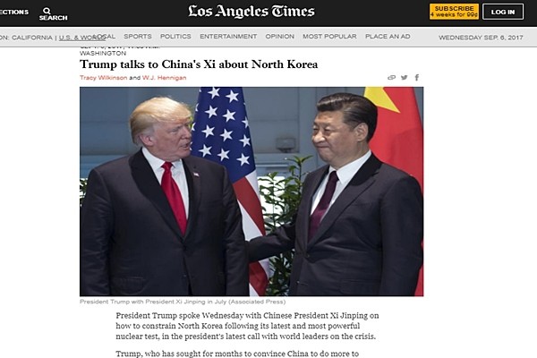 도널드 트럼프 美대통령이 북한 문제 해결을 위한 대북 군사행동 조치는 美정부의 최우선 고려사항이 아님을 밝혀 눈길을 끈다. 사진은 관련 美'LA타임스' 기사 일부.ⓒ美'LA타임스' 홈페이지 캡쳐