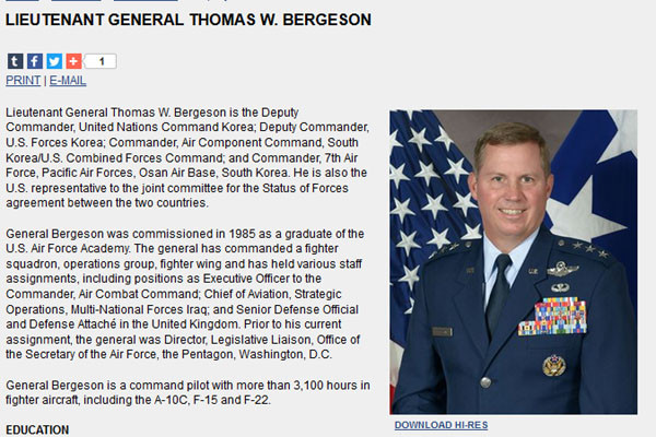 ▲ 토마스 버거슨 美공군 중장(現주한미군 부사령관 겸 美7공군 사령관)은 지난 7일 '서울안보대화'에서 "미국은 한국에 전술핵무기를 재배치하는 것을 반대한다"고 밝혔다. 사진은 美공군이 소개한 토마스 버거슨 중장의 프로필. ⓒ美공군 홈페이지.