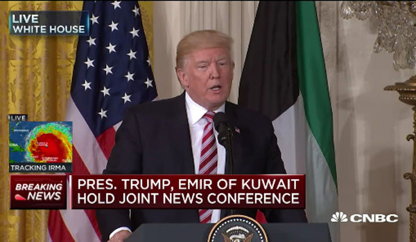 ▲ 도널드 트럼프 美대통령은 지난 7일(현지시간) 쿠웨이트 국왕과의 정상회담 이후 기자회견에서 북한에 대한 군사조치 여지가 여전히 있다고 밝혔다. ⓒ美CNBC 기자회견 중계화면 캡쳐.
