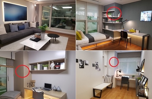 ▲ 왼쪽 위부터 시계방향으로 전용 102㎡A 거실, 136㎡·96㎡B·102㎡A 타입 침실들. 거실을 제외한 침실마다 기둥이 자리해 입주 시 인테리어에 신경써야 할 것으로 보인다. =이보배 기자