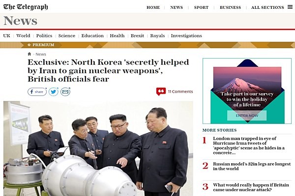 英‘텔레그래프’는 英외무부 관계자를 인용, “英외무부가 과거와 현재의 핵보유국들이 북한의 핵미사일 개발을 도왔는지를 두고 조사를 진행하고 있다”고 9일(현지시간) 보도했다. 사진은 관련 英‘텔레그래프’ 기사 일부.ⓒ英‘텔레그래프’ 홈페이지 캡쳐
