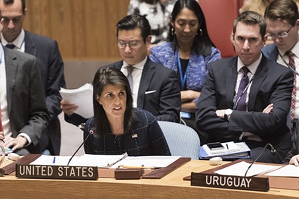 ▲ 사진은 유엔 안보리 회의 진행 중 니키 헤일리 유엔 주재 美대사가 발언하고 있다.ⓒ유엔