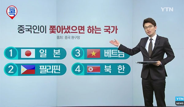 ▲ 美씽크탱크들은 "중국은 북한을 적국으로 여기지 않는다"고 지적했다. 사진은 2016년 6월 中관영 '환구시보'가 조사한 '중국 주변에서 쫓아내고 싶은 나라' 순위. ⓒYTN 관련보도 화면캡쳐.