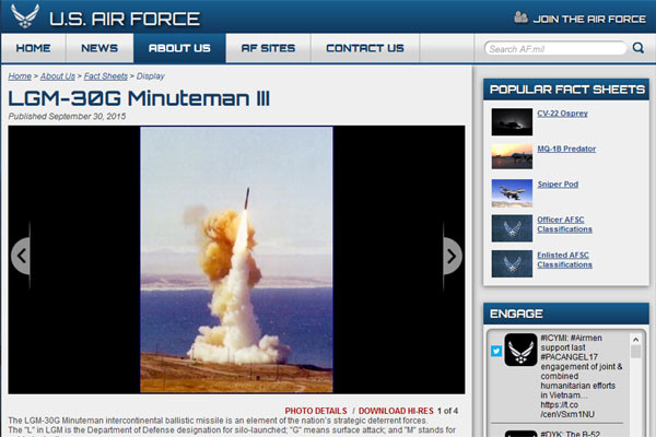 마이노트 AFB의 미니트맨 ICBM 소개 화면. 이곳에는 美본토의 ICBM 가운데 30% 이상이 배치·보관돼 있다고 한다. ⓒ美마이노트 AFB 소개화면 캡쳐.