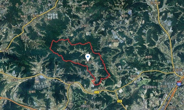 ▲ 충북 청주시가 오창읍 후기리에 추진하는 제2매립장 부지와 인접한 마을들.ⓒ네이버 지도 캡쳐