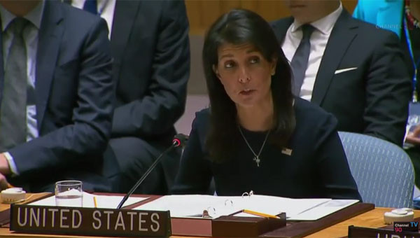 ▲ 지난 9월 4일(현지시간) 유엔 안전보장이사회 긴급회의에서 북한의 6차 핵실험을 규탄하는 니키 헤일리 유엔주재 美대사. ⓒ90세컨즈 뉴스 유튜브 채널 캡쳐.