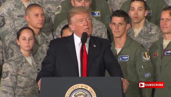 ▲ 도널드 트럼프 美대통령은 지난 15일(현지시간) 앤드류스 합동기지 연설에서 북한에게 군사대응을 경고했다. ⓒ美ABC뉴스 관련 중계화면 캡쳐.