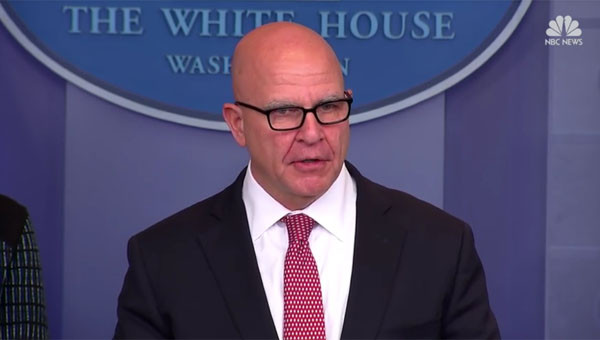 ▲ H.R.맥마스터 美NSC보좌관 또한 美백악관 브리핑에서 대북 군사공격을 언급했다고 한다. ⓒ美NBC뉴스 관련 중계화면 캡쳐.