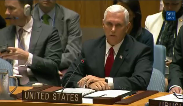 마이크 펜스 美부통령은 지난 20일(현지시간) 유엔 안보리 연설에서 "미국과 동맹국을 북한으로부터 지키기 위해 압도적 군사력을 사용할 것"이라고 말했다. ⓒ美백악관 공개영상 캡쳐.