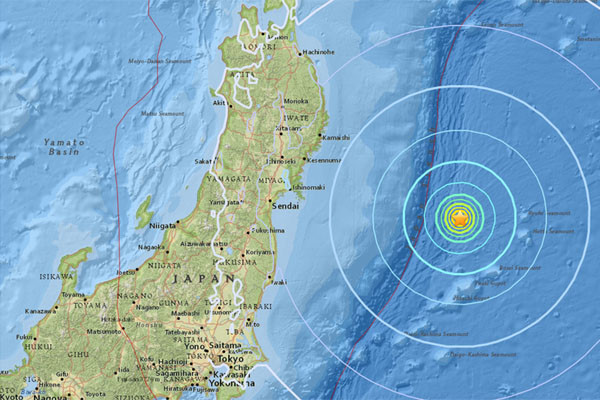 美'비즈니스 인사이더'가 보도한 일본 지진 진앙지 지도. ⓒ美비즈니스 인사이더 보도화면-美지질조사국(USGS).