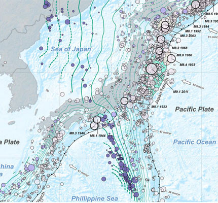 ▲ 일본 일대의 지진 발생 빈도를 나타낸 지도. ⓒ美비즈니스 인사이더 보도화면-美USGS