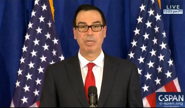 ▲ 도널드 트럼프 美대통령이 '대북제재 행정명령'에 서명했다고 밝힌 뒤 스티브 므누신 美재무장관이 관련 내용에 대해 기자회견을 하는 모습. ⓒ美공영 C-SPAN 방송화면 캡쳐.