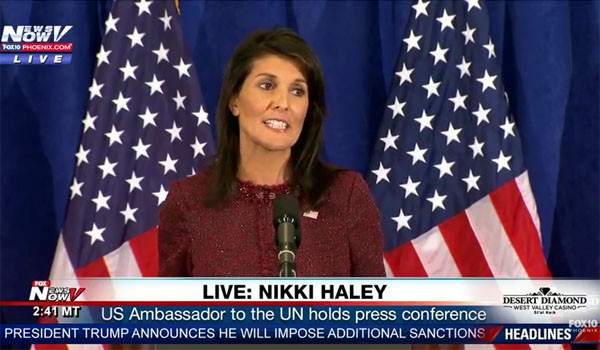 ▲ 지난 21일(현지시간) 美뉴욕에서 기자회견을 갖고 북한 문제를 설명하는 니키 헤일리 유엔주재 美대사. ⓒ美폭스뉴스 생중계 화면 캡쳐.
