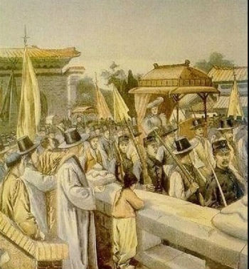 ▲ 앨리스가 황제의 가마를 타고 나들이 하는 모습의 그림뉴스.(1905년 프랑스 신문 게재)