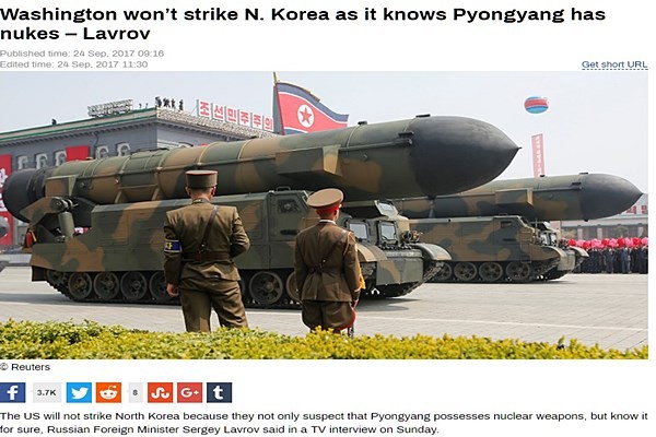 ▲ 세르게이 라브로프 러시아 외무장관이 “미국이 핵무기를 보유한 북한에 대한 군사공격을 하지 않을 것”이라고 밝혔다. 사진은 관련 ‘러시아 투데이(RT)’ 보도 일부.ⓒ‘러시아 투데이(RT)’ 관련 기사 페이지 화면 캡쳐
