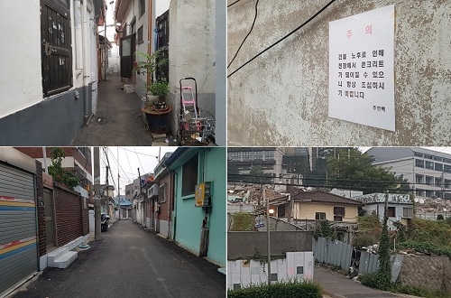 ▲ 같은 송림4구역이지만 송향로 14번길(왼쪽 위)과 32번길(왼쪽 아래) 분위기가 많이 다르다. 오른쪽 아래 사진은 대헌학교뒤구역. =이보배 기자