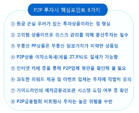 ▲ 금융감독원이 내놓은 금융꿀팁 ' P2P대출상품 투자시 체크해야 할 핵심포인트' 주요 내용 ⓒ금융감독원