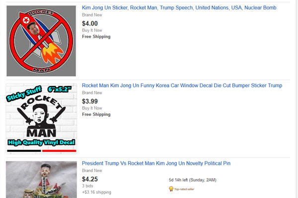 ▲ 도널드 트럼프 美대통령이 김정은을 '로켓맨'이라고 부른 뒤 김정은을 풍자한 캐릭터 상품들이 나오기 시작했다. ⓒ이베이 상품검색 화면캡쳐.
