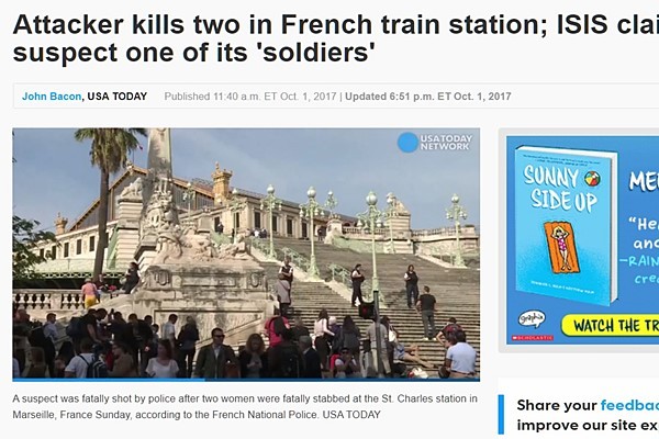 ▲ 프랑스 제2의 도시 마르세유에서 대낮에 흉기테러가 발생해 시민 2명이 목숨을 잃었다. 테러조직 ‘대쉬(ISIS)’는 테러 배후를 자처하고 나섰다. 사진은 관련 美'USA투데이' 웹기사 일부.ⓒ美'USA 투데이' 홈페이지 캡쳐