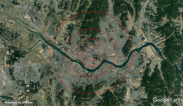 ▲ 서울 광화문 상공에서 北핵탄두 폭발 시 열폭풍이 닥치는 곳들. ⓒ美38노스 관련보도 화면캡쳐.