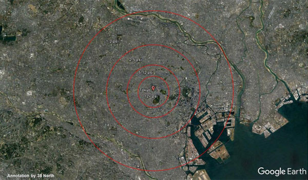 ▲ 도쿄 아카기 신궁 상공에서 北핵탄두 폭발 시 열폭풍이 닥치는 곳들. ⓒ美38노스 관련보도 화면캡쳐.