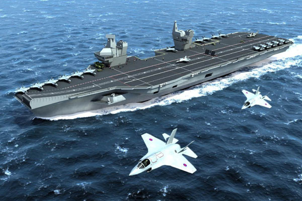 ▲ 수직 이착륙 스텔스 전투기 F-35B를 탑재하고 항해하는 '퀸 엘리자베스' 함의 상상도. ⓒ英해군 공개사진.