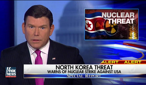 ▲ 북한의 美핵공격 위협소식을 알리는 속보. 북한의 대미위협 성명에도 거론된 하와이 지역 주민들은 북한 핵공격 위협을 진지하게 받아들여 몇 달 째 대응책을 논의 중이라고 한다. ⓒ美폭스뉴스의 北핵공격 위협 속보화면 캡쳐.
