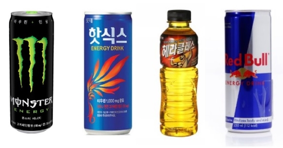 ▲ (왼쪽부터) 코카콜라 몬스터에너지, 롯데칠성음료 핫식스, 헤라클레스, 동서식품 레드불. ⓒ각사
