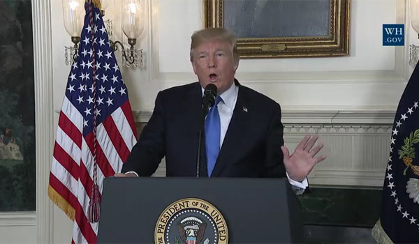지난 13일(현지시간) 美백악관에서 새로운 對이란 전략을 발표하는 도널드 트럼프 美대통령. ⓒ美백악관 유튜브 채널 캡쳐.