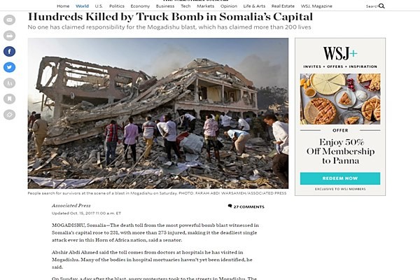 ▲ 소말리아 수도 모가디슈에서 연쇄 폭탄테러가 발생해 최소 276명이 사망하고 300여 명이 부상당했다. 사진은 관련 美'월스트리트저널(WSJ)' 보도 일부.ⓒ美'월스트리트저널(WSJ)' 홈페이지 캡쳐