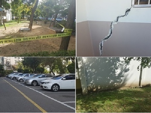 ▲ 삼두1차 단지 내에서 발견된 균열, 지반침하, 기울어짐 등의 문제들. =이보배 기자