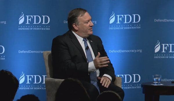 ▲ 美민주주의 수호재단(FDD)가 주최한 안보포럼에 나와 美안보전략을 설명하는 마이크 폼페오 美CIA 국장. ⓒ美FDD 공개영상 화면캡쳐.