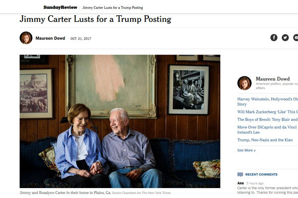 ▲ 지미 카터 前미국 대통령은 지난 21일(현지시간) 美뉴욕 타임스와의 인터뷰에서 "현 정부가 요청한다면 북한을 방문해 김정은과 만나 지금의 긴장을 해소하고 싶다"고 말했다고 한다. ⓒ美NYT 관련보도 화면캡쳐.