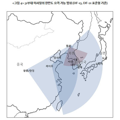 ▲ 중공군 탄도미사일의 사정권. 중공군은 유사시 한반도를 타격할 탄도미사일을 최대 500여 기 배치해 놓고 있다. ⓒ동아시아연구원 공개보고서 캡쳐.