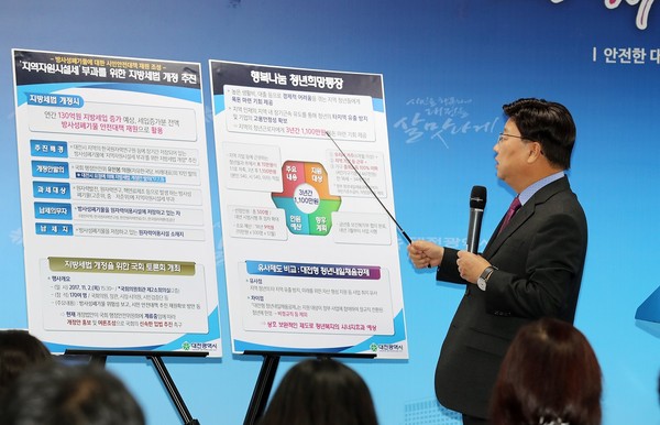 ▲ 권선택 시장이 25일 시청 기자회견장에서 정례브리핑을 통해 지역시설세 등을 설명하고 있다.ⓒ대전시