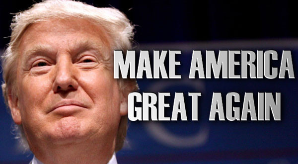 ▲ 도널드 트럼프 美대통령의 대선 유세 구호. 대통령이 된 이후에도 이 목표는 바꾸지 않았다고 한다. ⓒ유튜브 화면캡쳐.