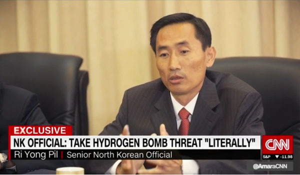 ▲ 리용필 北외무성 미국연구소 부소장은 美CNN과의 인터뷰에서 "우리는 태평양 상에서 수소폭탄 실험을 할 수 있다"고 밝혔다. ⓒ美CNN 관련보도 화면캡쳐.