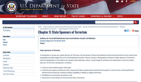 ▲ 美국무부가 홈페이지에 공개한 '2016 테러리즘 국가별 보고서' 가운데 '테러지원국' 지정요건 부분. 현재 미국이 지정한 테러지원국은 이란, 수단, 시리아다. ⓒ美국무부 홈페이지 캡쳐.