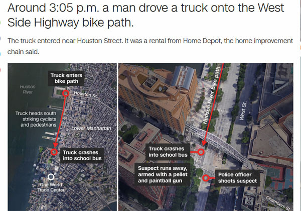 ▲ 사이포프의 맨해튼 트럭테러 경로. 강변의 자전거 길을 덮쳤다고 한다. ⓒ美CNN 관련보도 화면캡쳐.