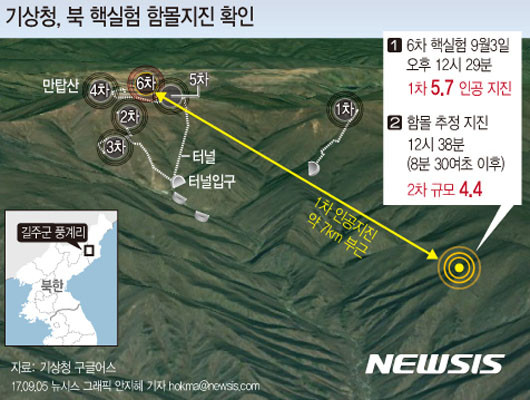▲ 북한 6차 핵실험 이후 韓기상청은 9월 5일 北풍계리 핵실험장 일대 산들이 무너진 사실을 확인했다. ⓒ뉴시스. 무단전재 및 재배포 금지.