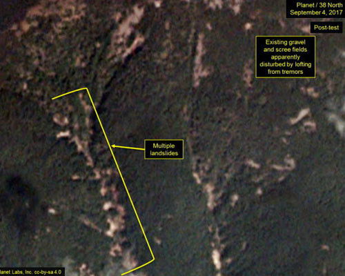 美북한전문매체 '38노스'가 공개한 풍계리 일대 위성사진. 땅처럼 보이는 곳이 핵실험으로 갱도가 무너지면서 맨땅이 드러난 곳이다. ⓒ美38노스 관련보도 화면캡쳐.