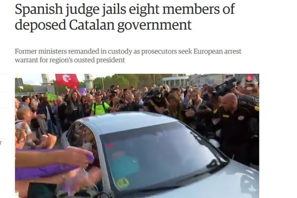 ▲ 스페인 법원이 카탈루냐 자치정부 각료 8명을 법정구속했다고 주요 외신들이 2일(현지시간) 보도했다. ⓒ英가디언 관련보도 화면캡쳐.