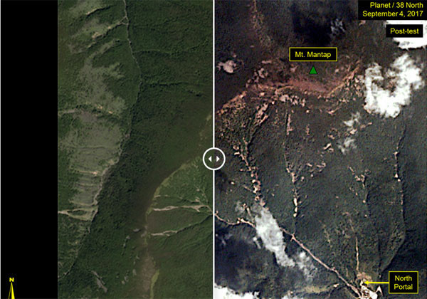 美북한전문매체 '38노스'가 공개한, 지난 9월 1일과 4일 北풍계리 핵실험장 일대 위성사진. 왼쪽이 1일, 오른쪽이 4일 촬영한 것이다. ⓒ美38노스 관련보도 화면캡쳐.