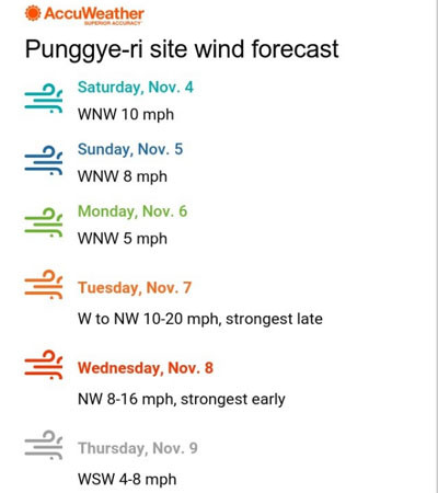 ▲ 美애큐웨더가 분석한 北함경북도 길주군 풍계리 일대의 내주 풍향예보. 美애큐웨더는 6일 이후 北풍계리 핵실험장의 붕괴 및 방사능 물질 유출을 파악할 수 있을 것으로 내다봤다. ⓒ美애큐웨더 관련소식 화면캡쳐.